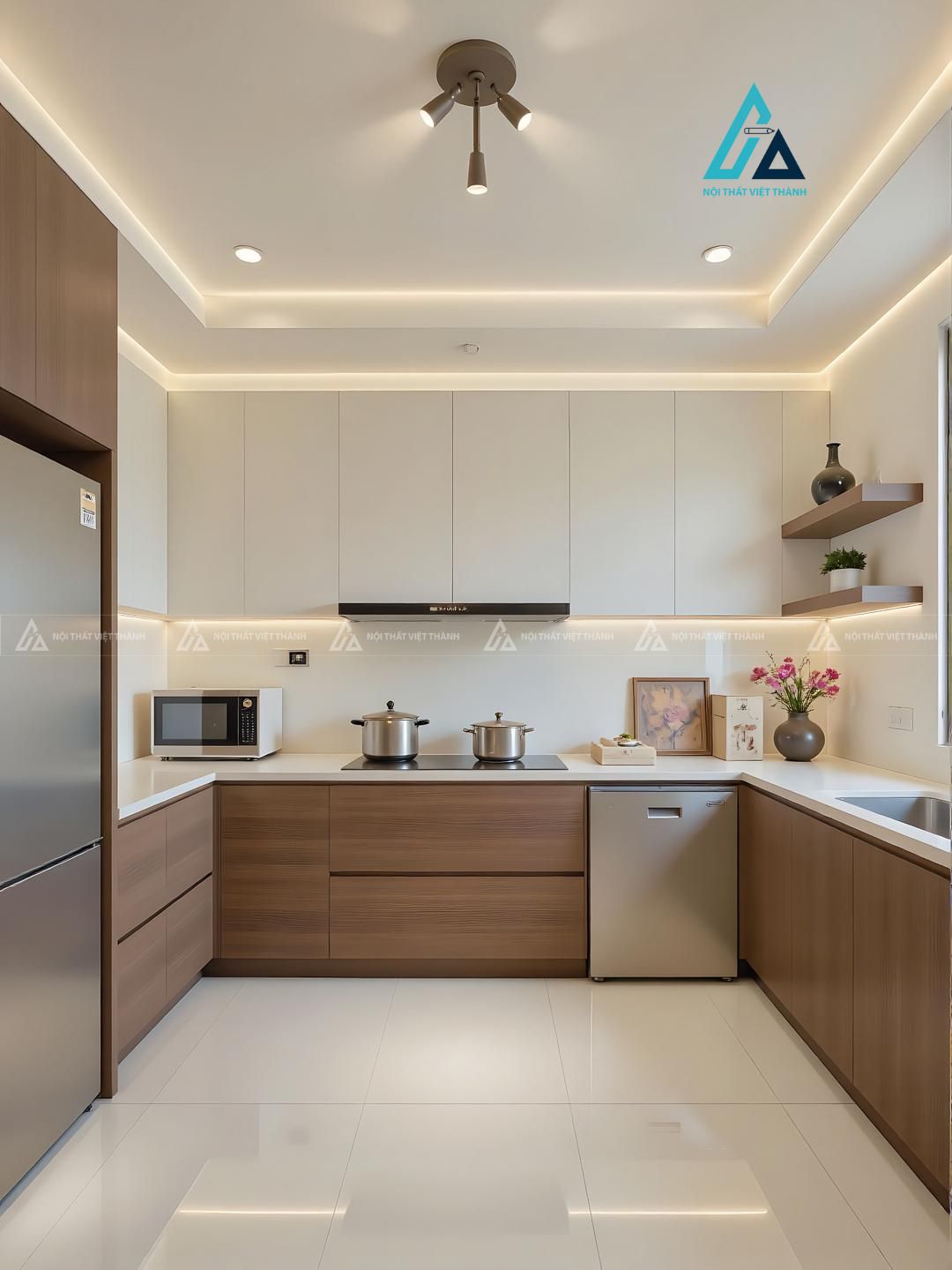 Mẫu thiết kế tủ bếp gỗ công nghiệp trắng nâu chữ U