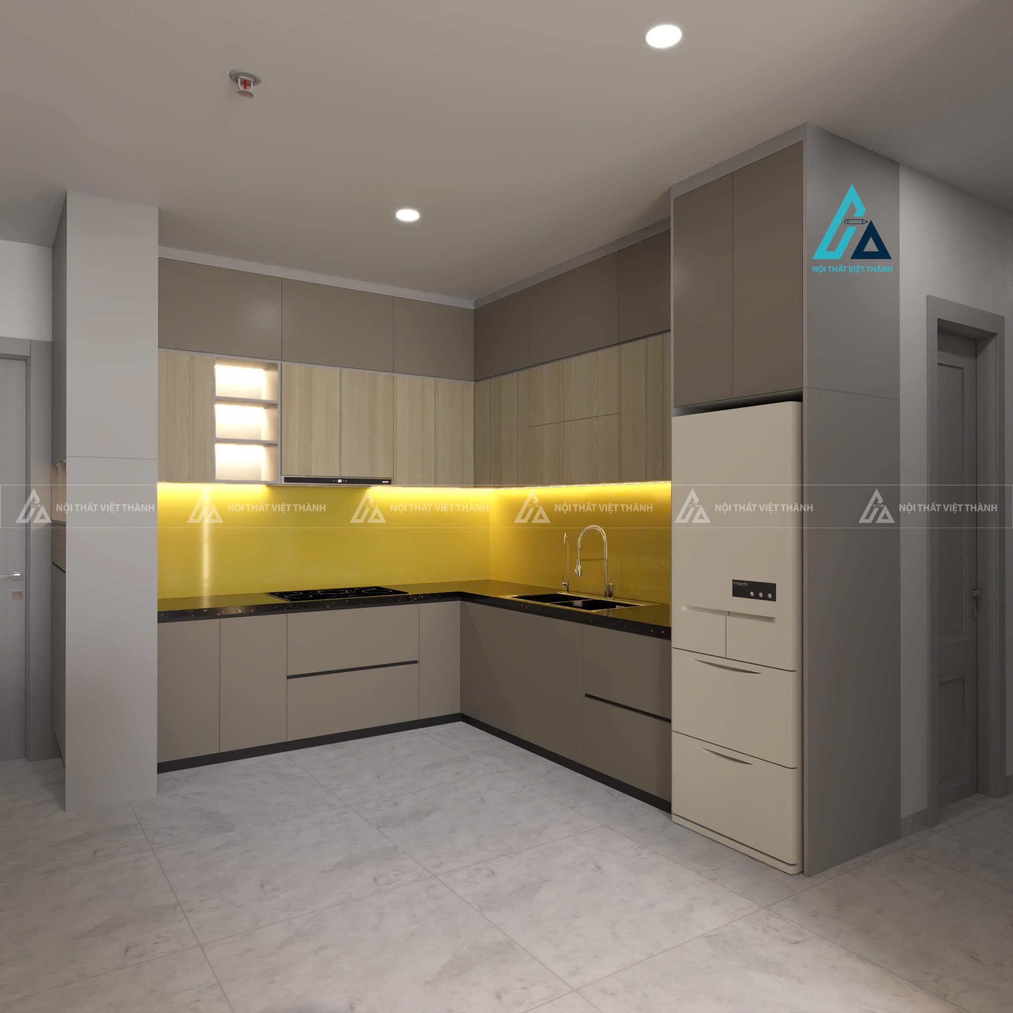Mẫu thiết kế tủ bếp gỗ công nghiệp vàng be chữ L