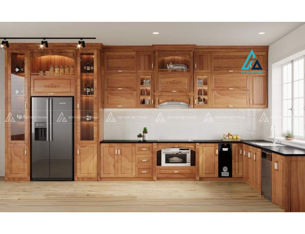 Mẫu thiết kê tủ bếp gỗ tự nhiên kịch trần phối cửa kính