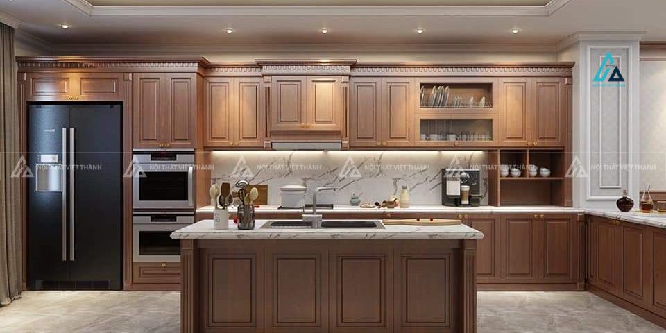 Mẫu thiết kê tủ bếp gỗ tự nhiên nâu trầm có đảo bếp