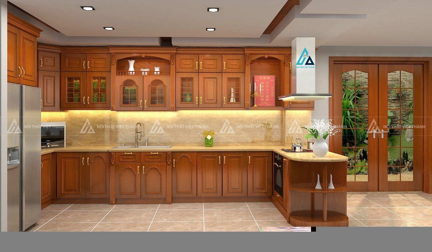 Mẫu thiết kê tủ bếp gỗ tự nhiên nâu đỏ có quầy bar