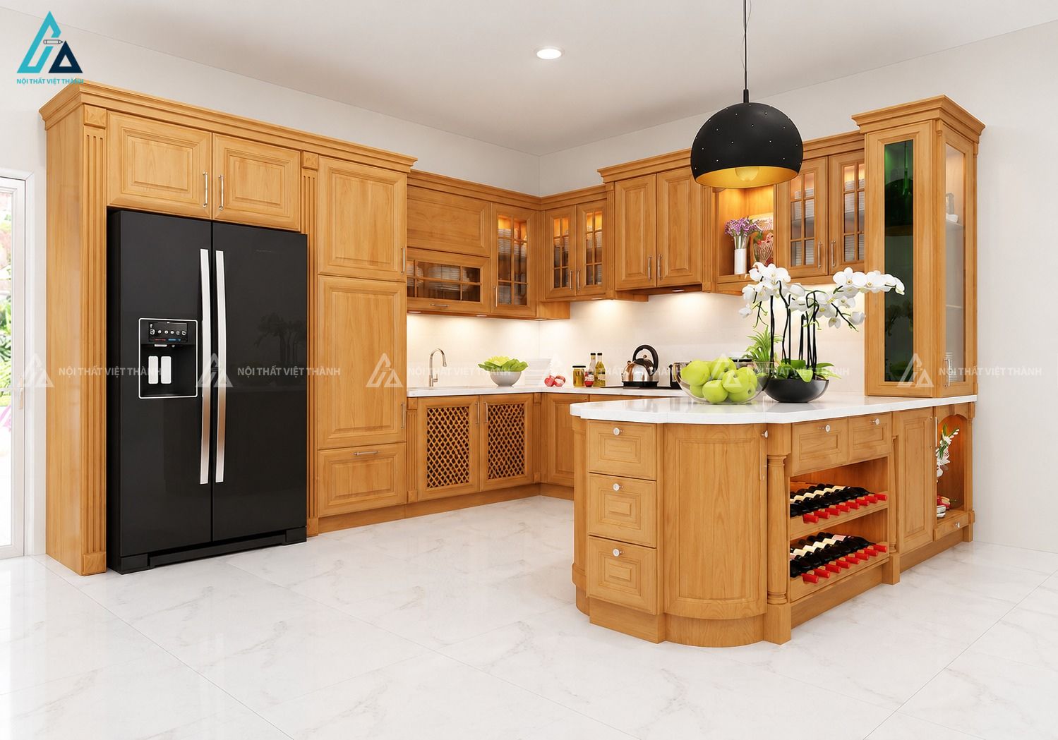 Mẫu thiết kê tủ bếp gỗ tự nhiên vàng chữ L có quầy bar