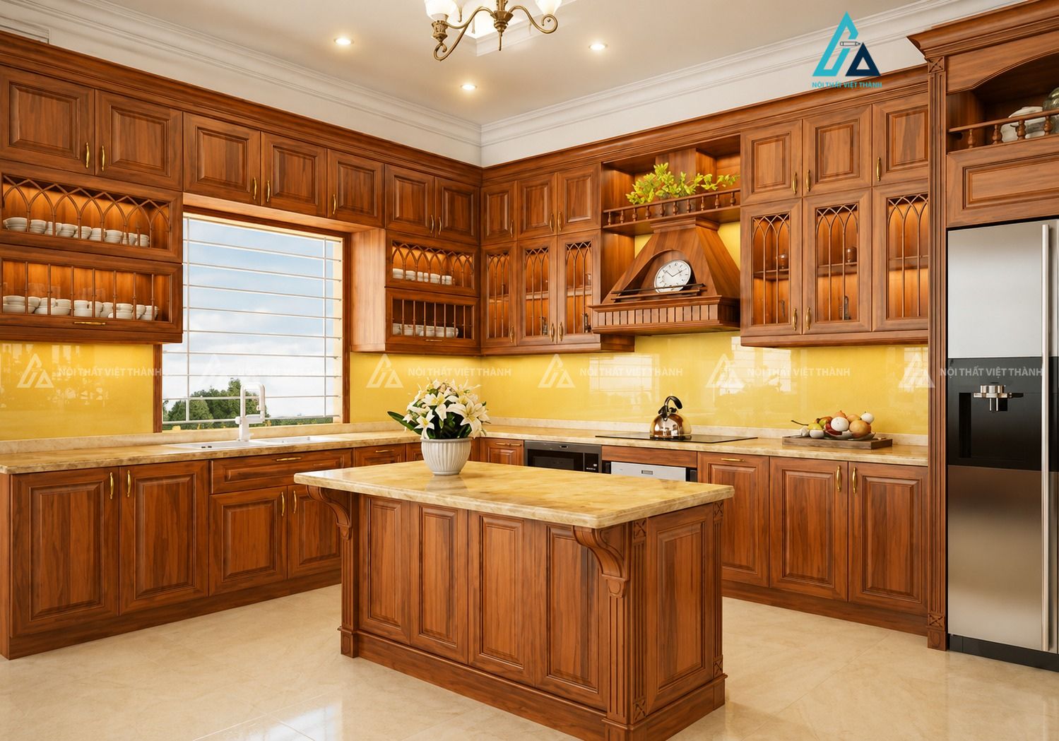 Mẫu thiết kê tủ bếp gỗ tự nhiên nâu đỏ có đèn led