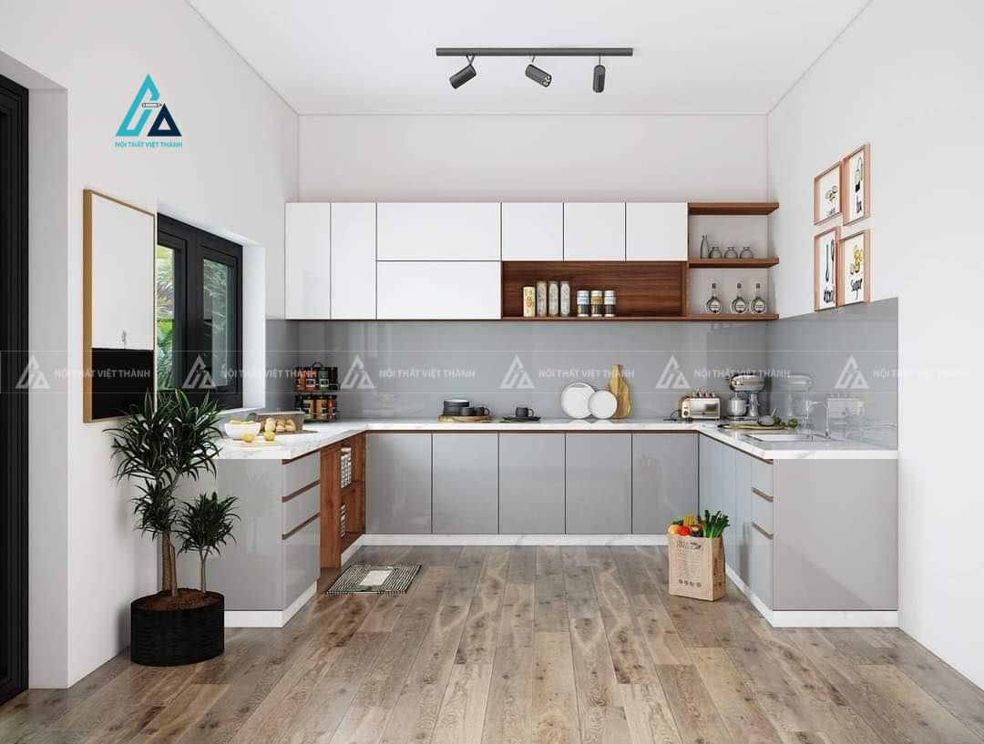 Mẫu thiết kế tủ bếp MDF trắng xám chữ U