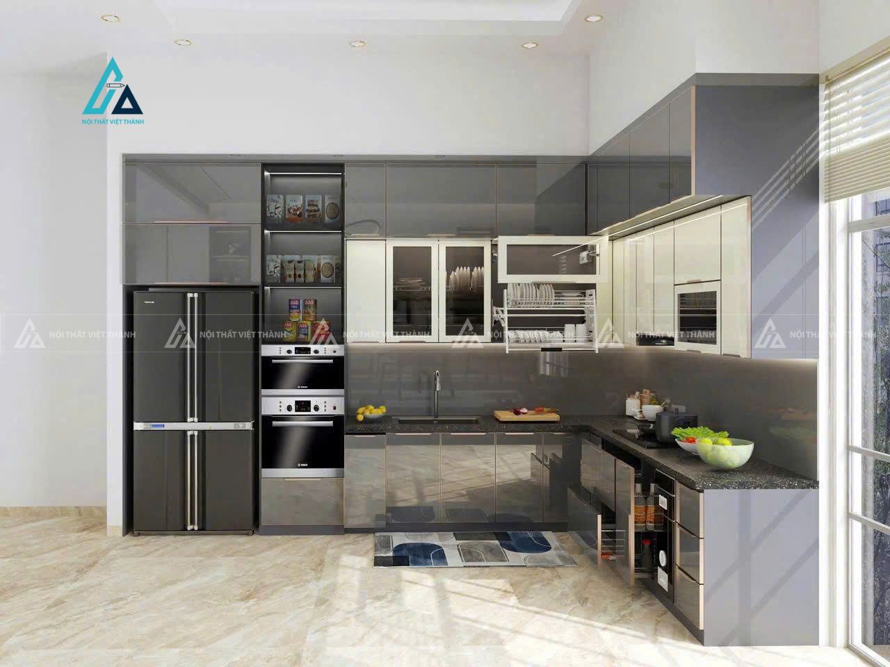 Mẫu thiết kế tủ bếp MDF xám trắng chữ L