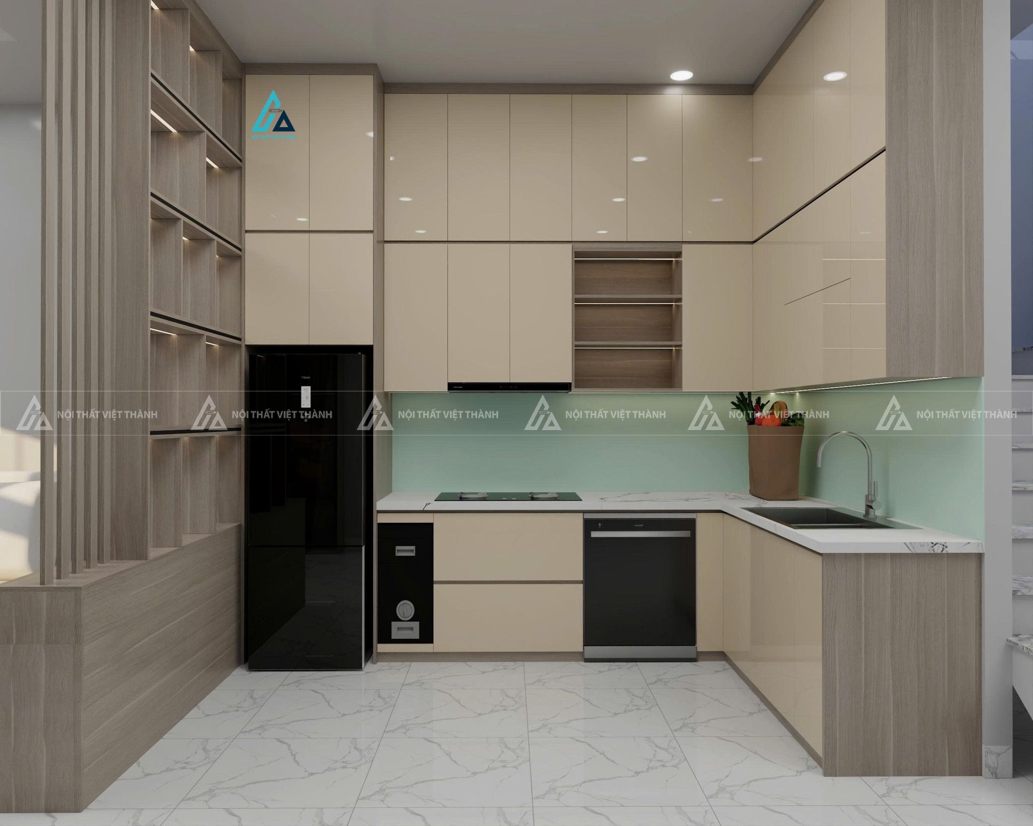 Mẫu thiết kế tủ bếp MDF be mặt đá kịch trần