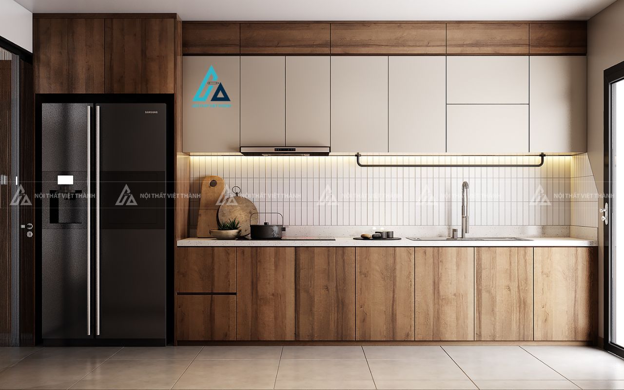 Mẫu thiết kế tủ bếp MDF vân gỗ nâu trắng