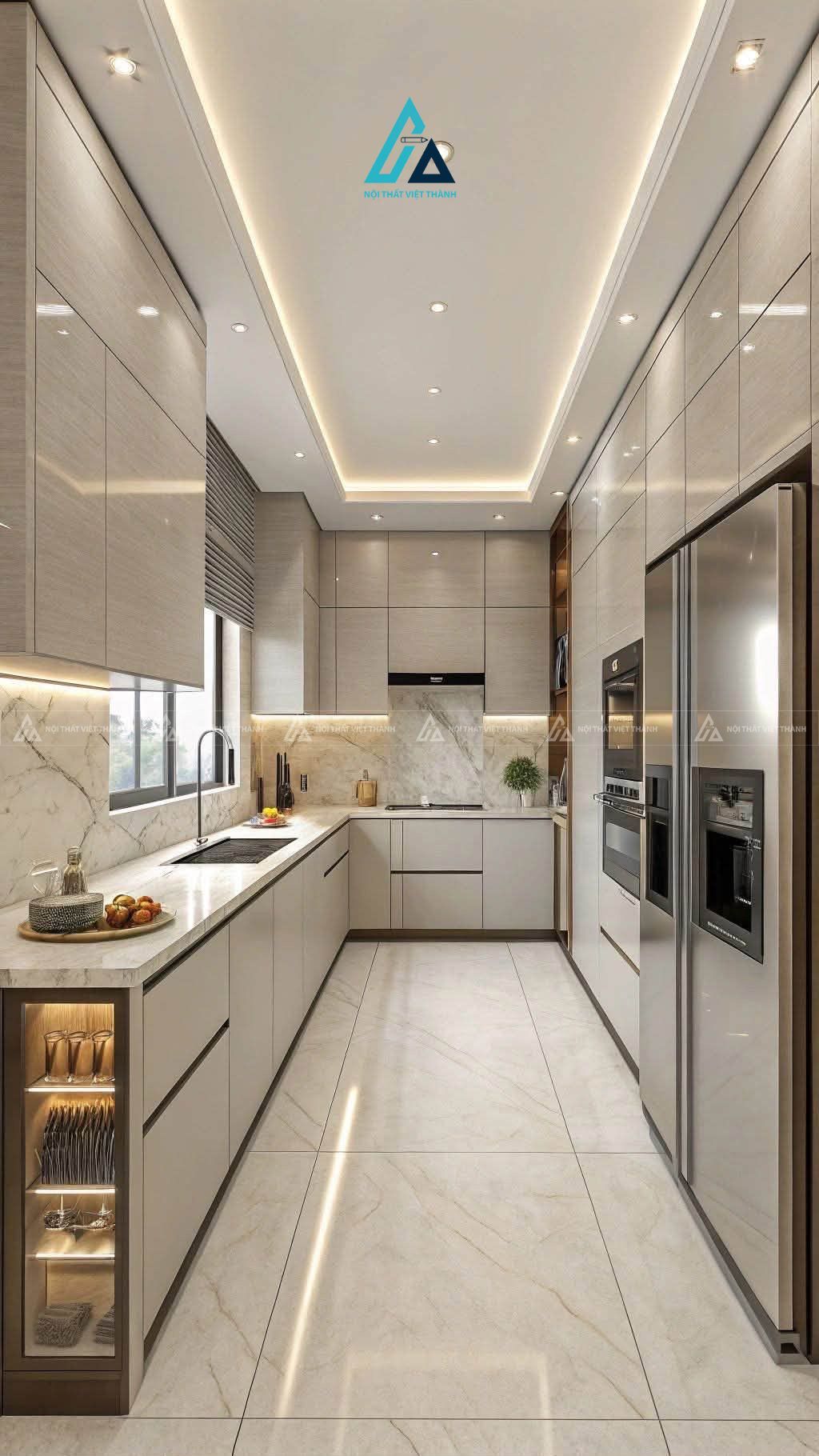 Mẫu thiết kế tủ bếp MDF xám kịch trần chữ U