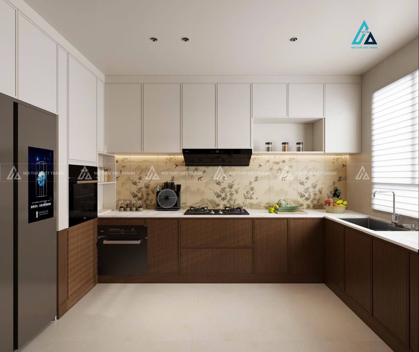 Mẫu thiết kế tủ bếp MDF vân gỗ nâu phối trắng chữ U