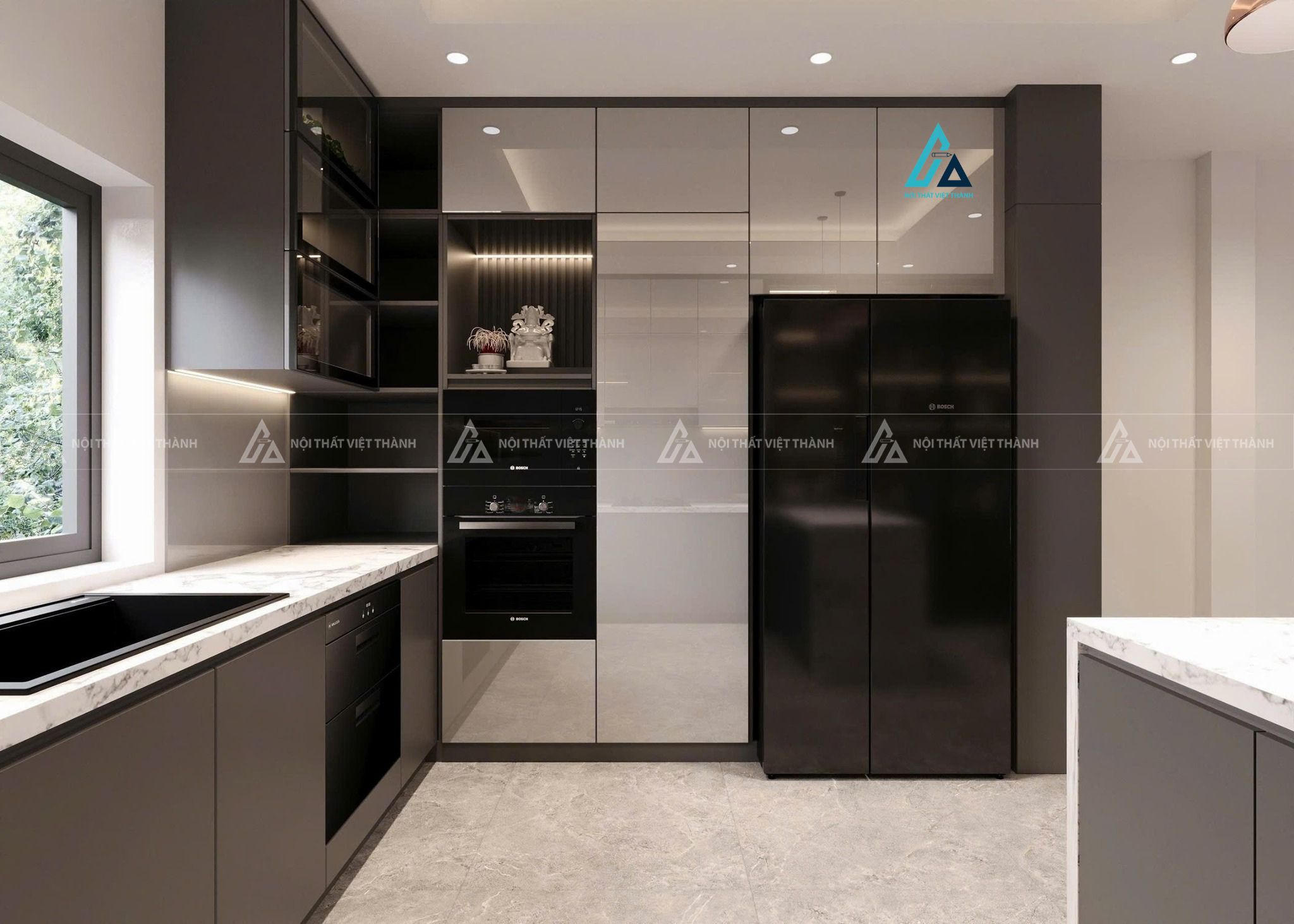 Mẫu thiết kế tủ bếp MDF xám trắng phối kính