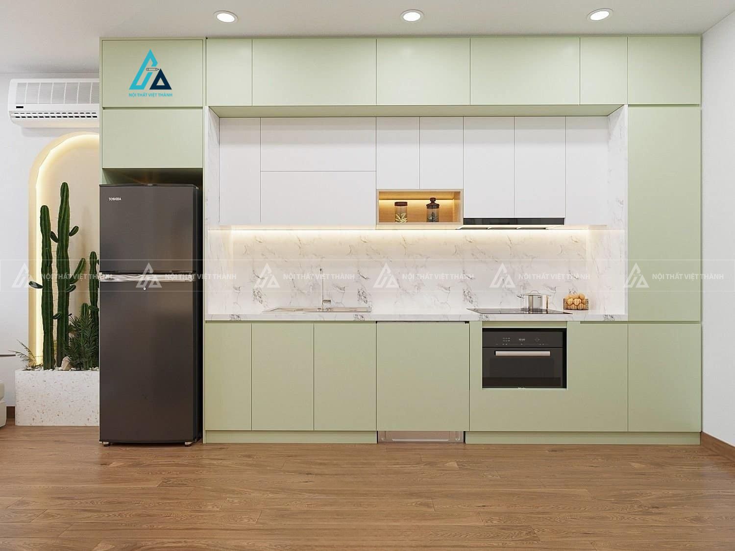Mẫu thiết kế tủ bếp MDF trắng xanh lá kịch trần