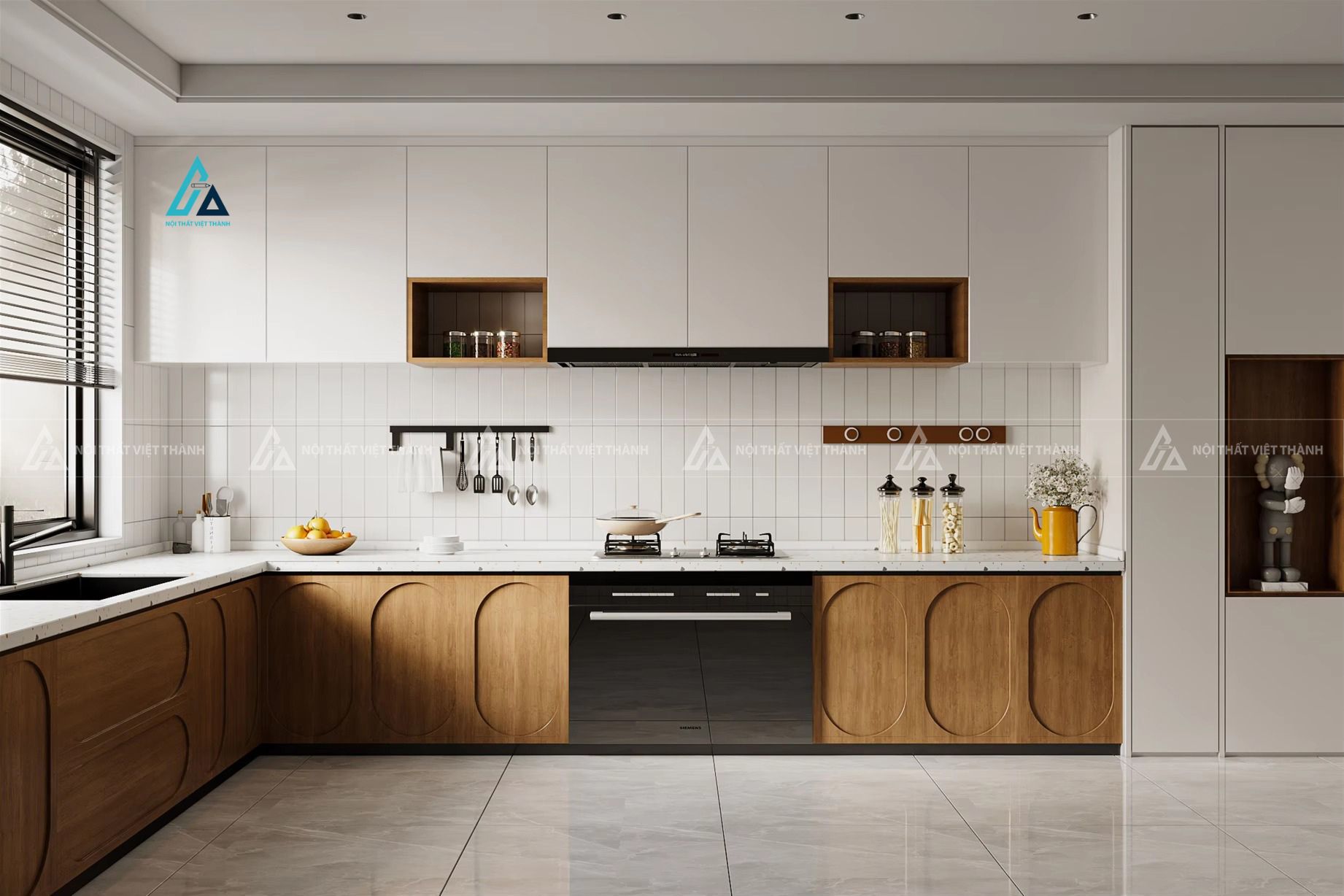 Mẫu thiết kế tủ bếp MDF vân gỗ trắng kịch trần chữ L