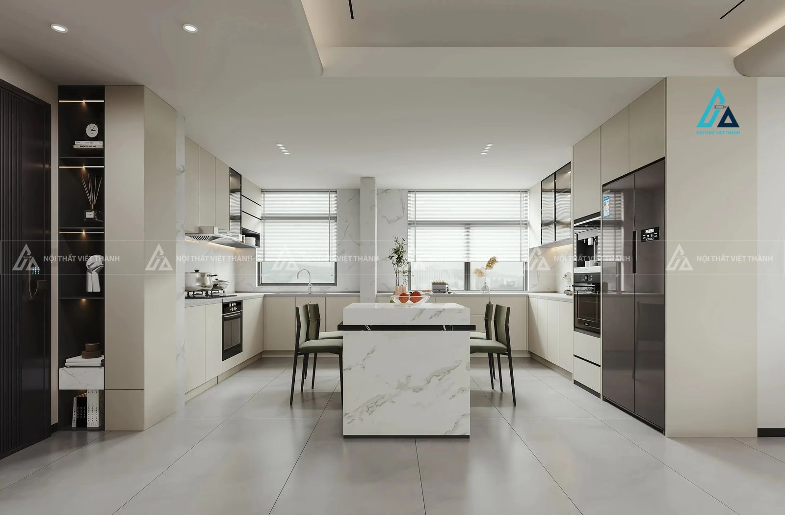 Mẫu thiết kế tủ bếp MDF be kịch trần chữ U