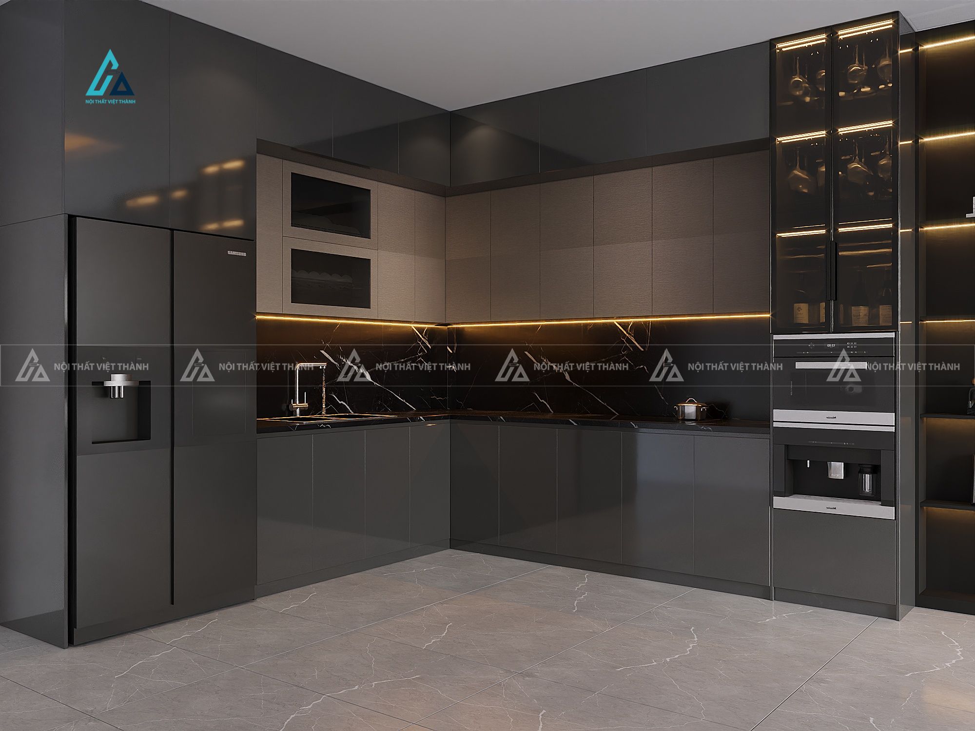 Mẫu thiết kế tủ bếp MDF đen nâu kịch trần sang trọng