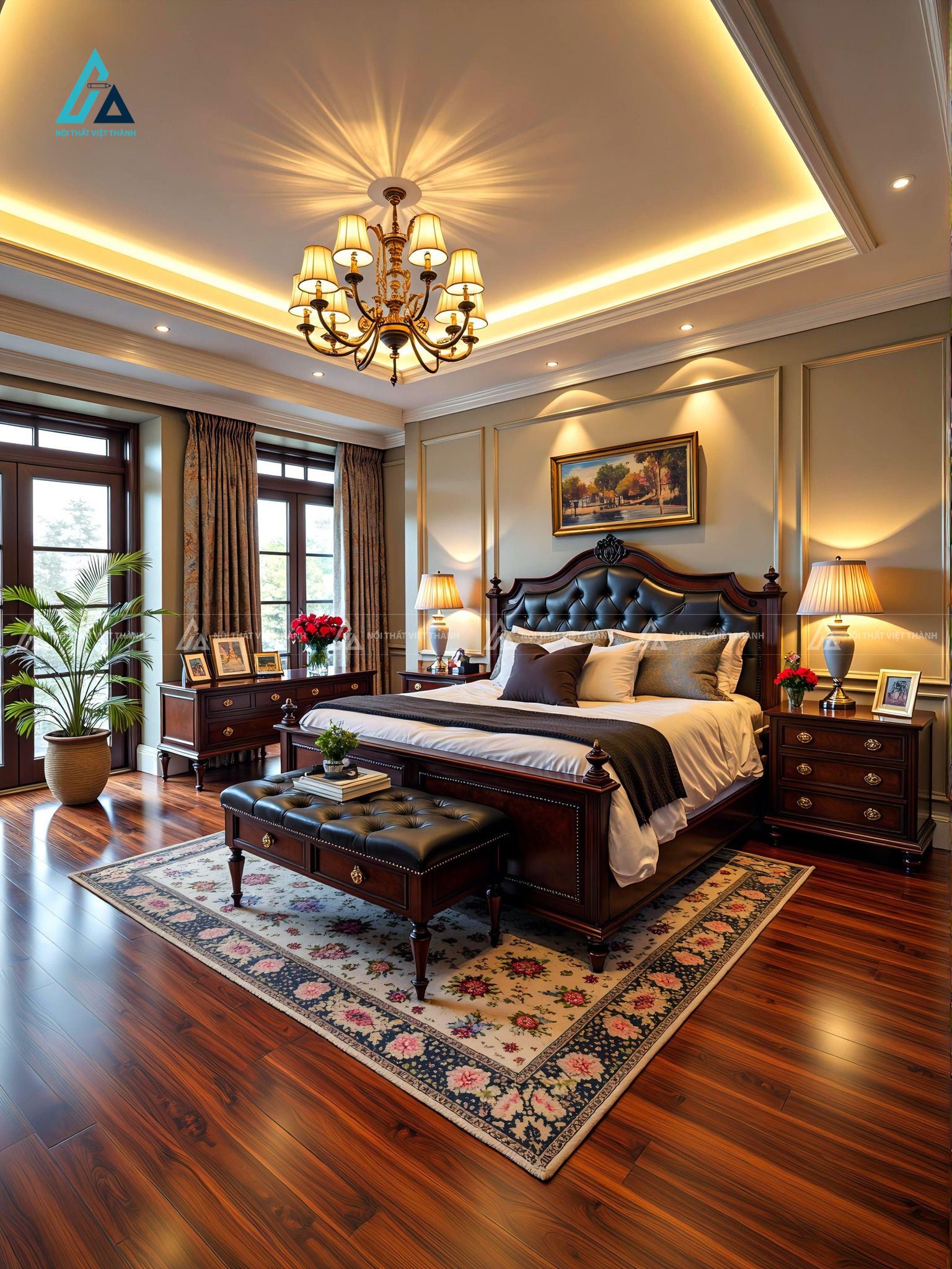 Mẫu thiết kế tủ đầu giường gỗ nâu đỏ 3 ngăn cổ điển