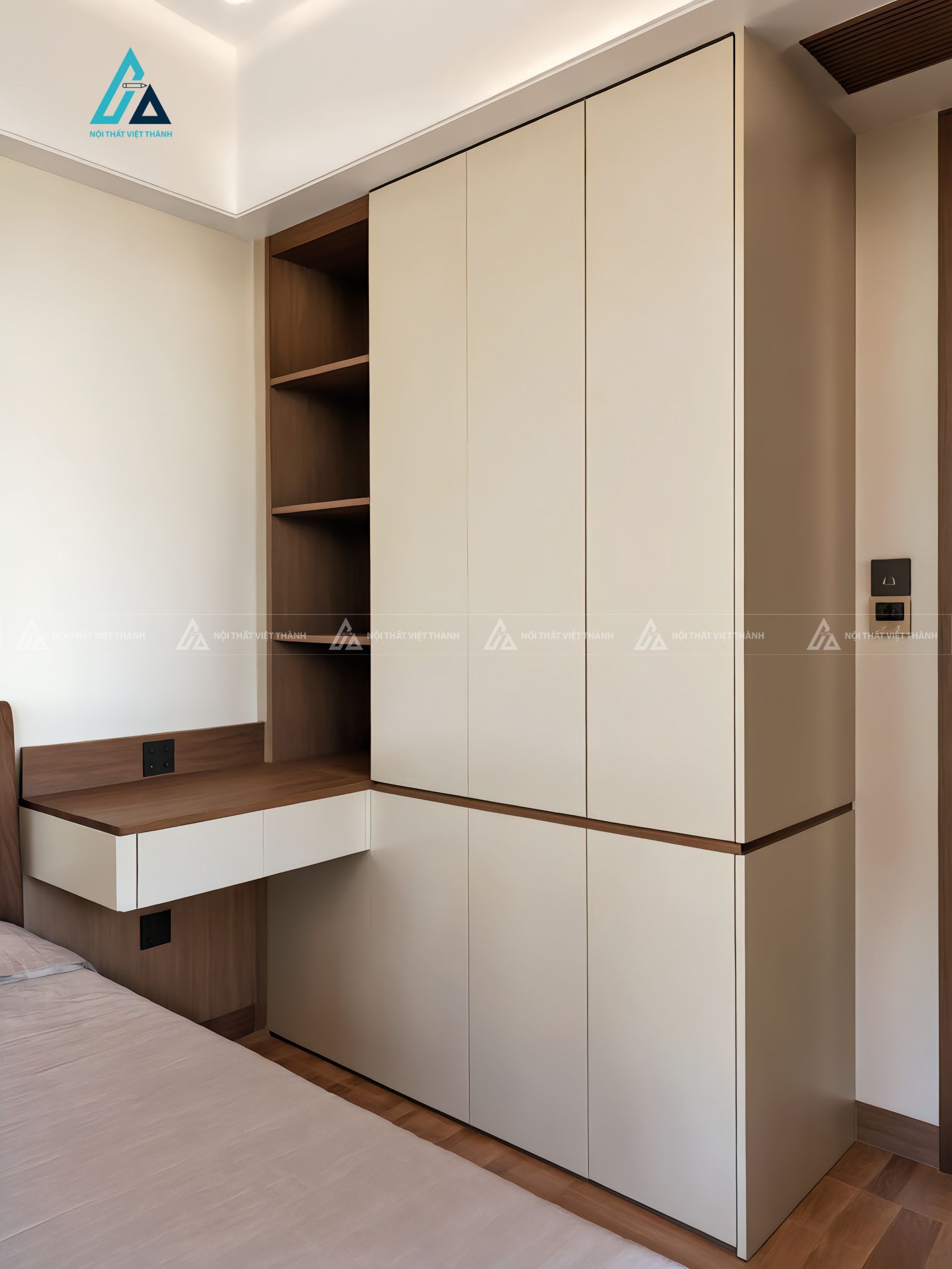 Mẫu thiết kế tủ đầu giường gỗ công nghiệp trắng nâu treo từ tủ quần áo