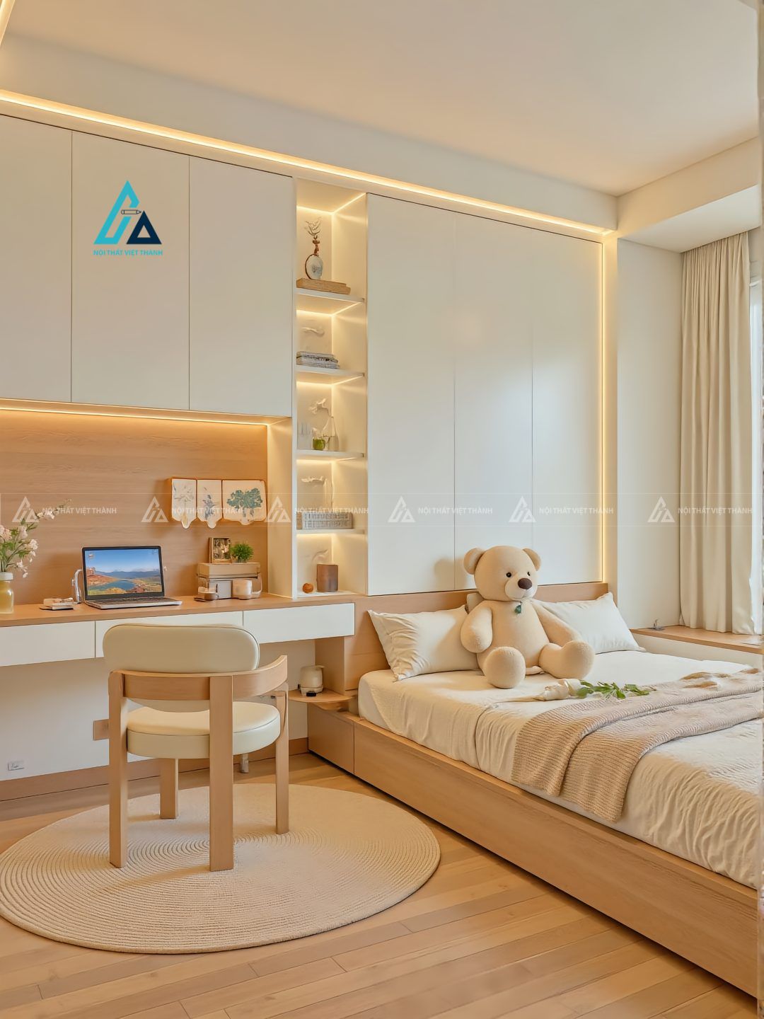Mẫu thiết kế tủ đầu giường gỗ công nghiệp kết hợp bàn làm việc treo tường