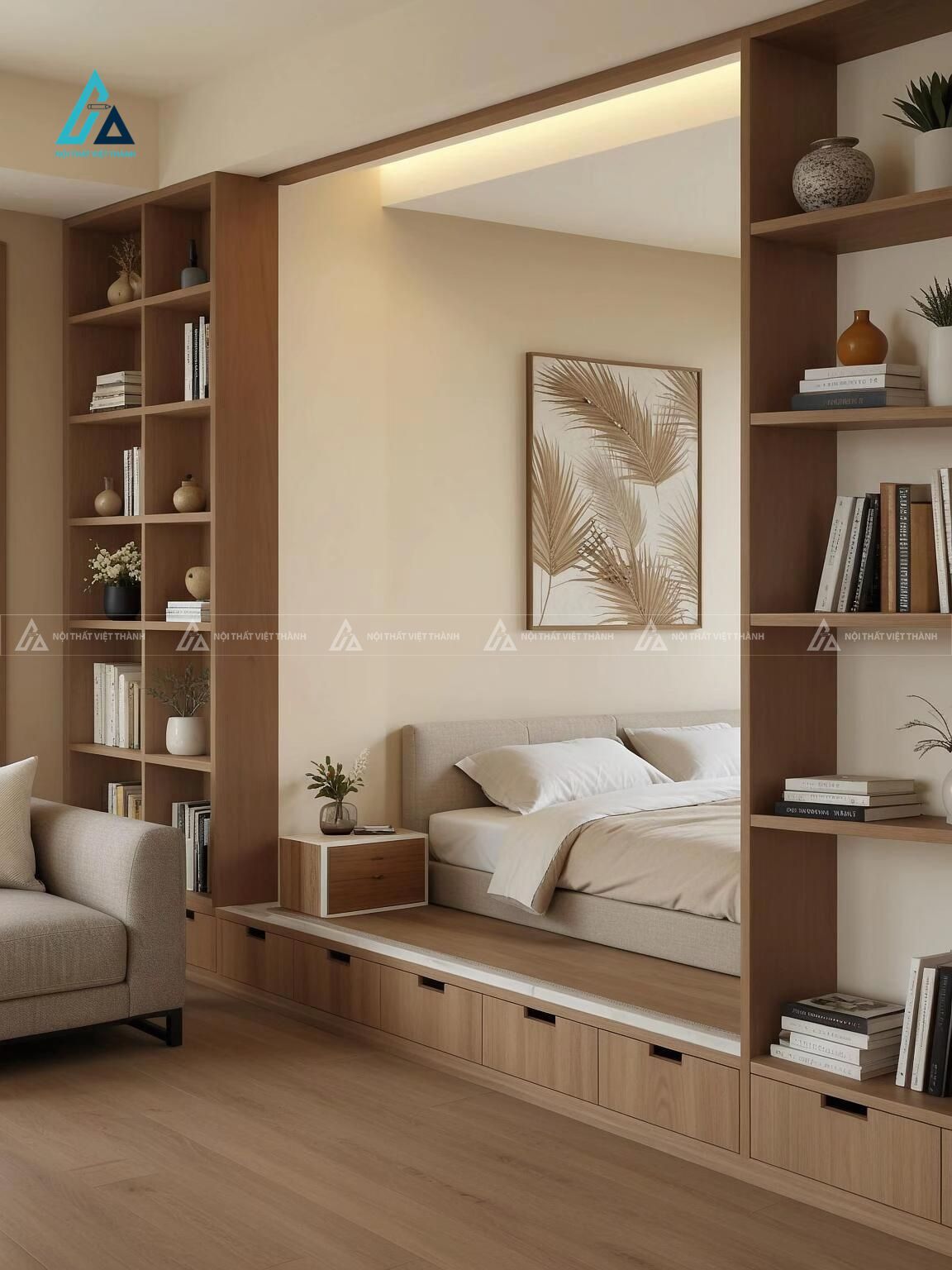 Mẫu thiết kế tủ đầu giường gỗ công nghiệp nâu nhỏ gọn