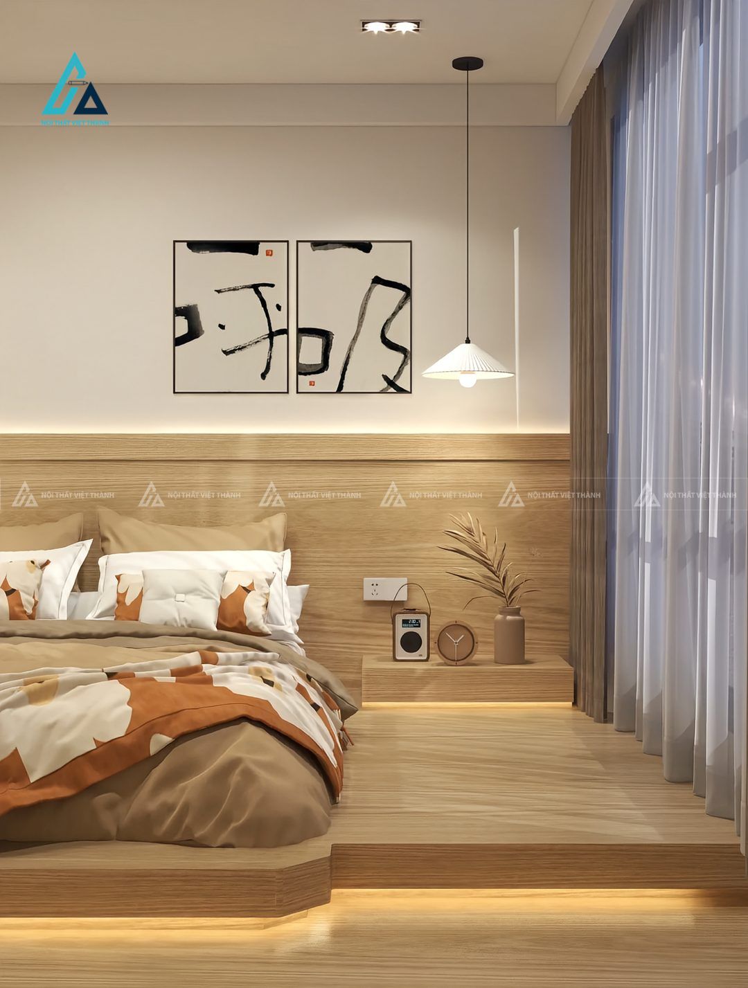 Mẫu thiết kế tủ đầu giường gỗ công nghiệp nâu phối đèn led