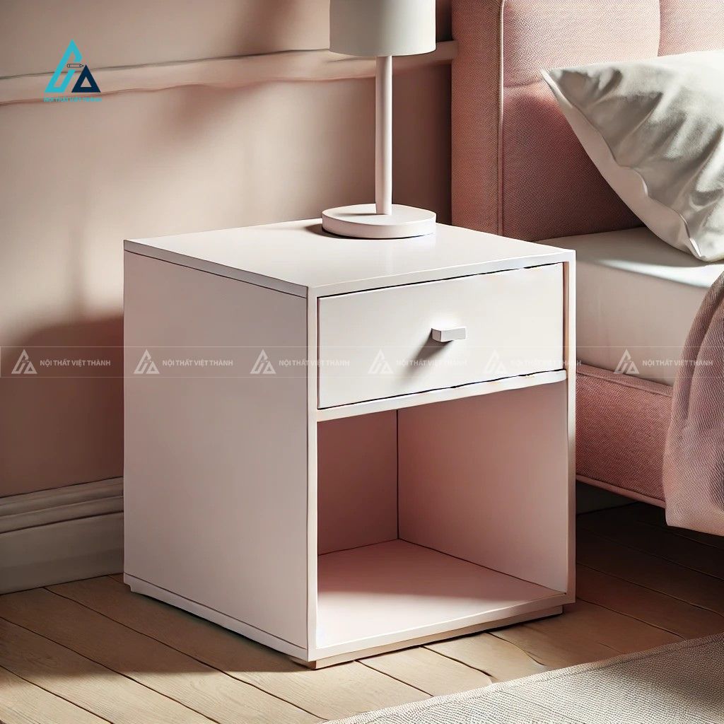 Mẫu thiết kế tủ đầu giường gỗ công nghiệp hồng 1 ngăn kéo