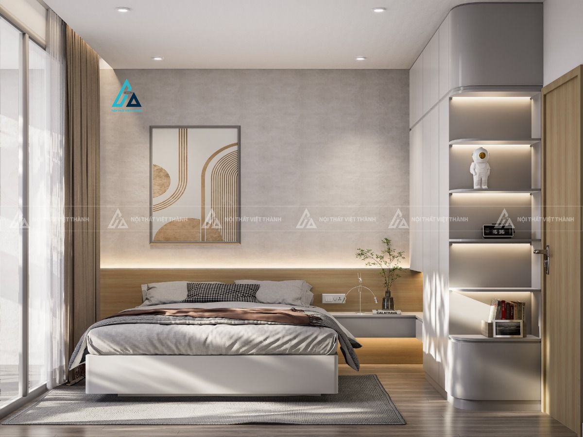 Mẫu thiết kế tủ đầu giường gỗ công nghiệp xám nối từ tủ quần áo