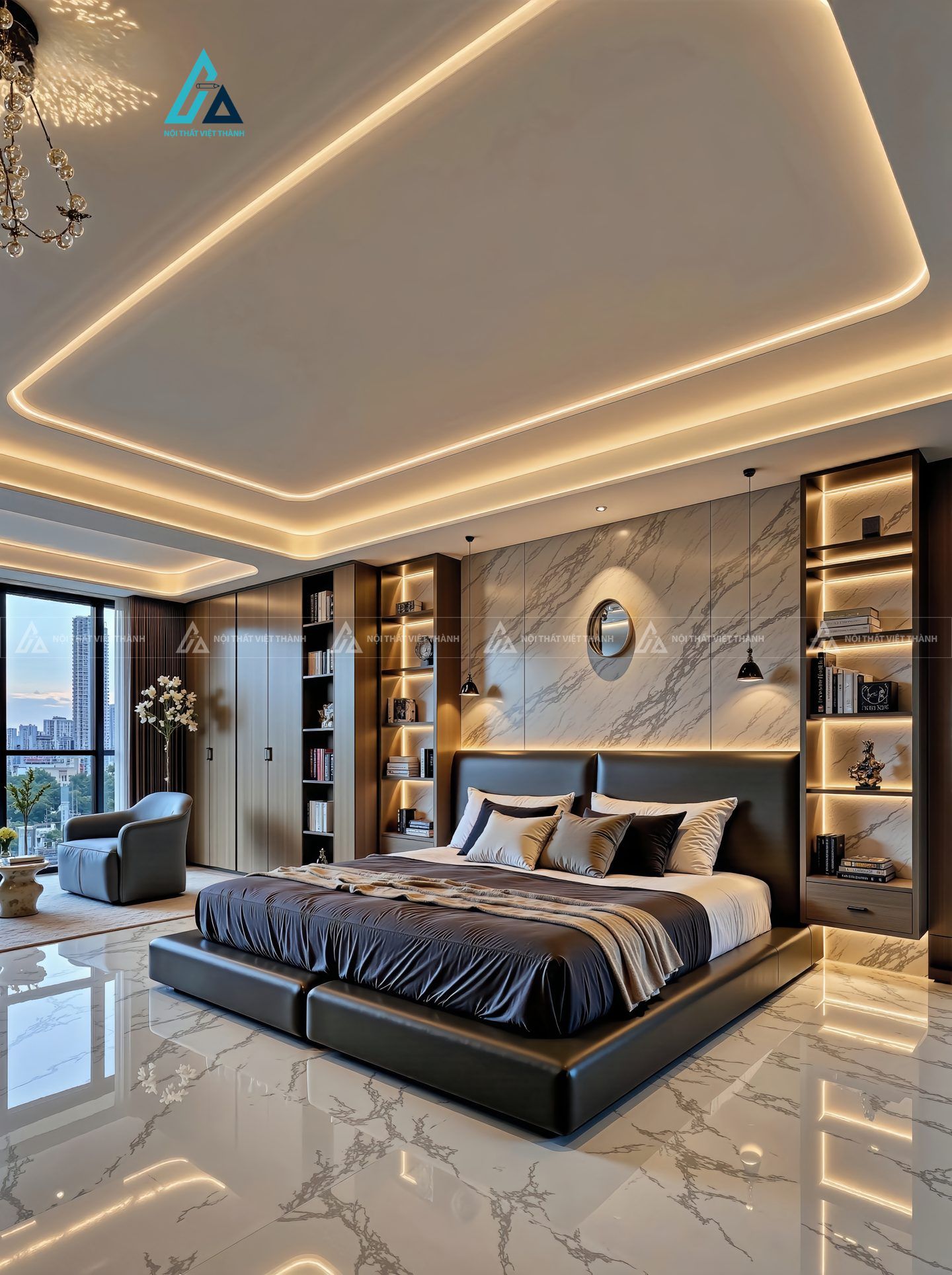 Mẫu thiết kế tủ đầu giường gỗ kết hợp làm kệ sách treo tường
