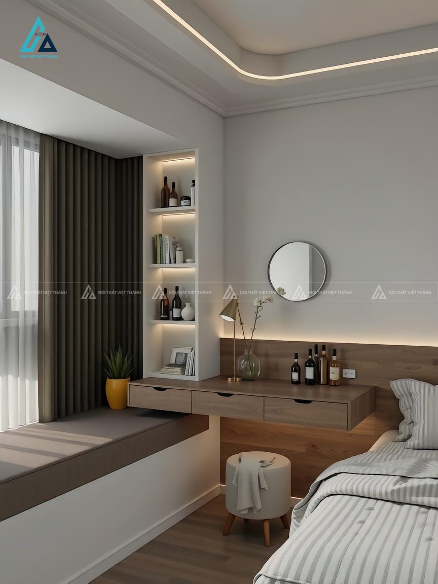 Mẫu thiết kế tủ đầu giường gỗ công nghiệp treo kết hợp làm bàn trang điểm