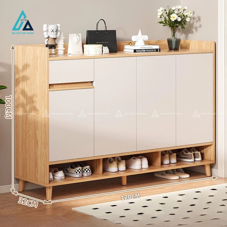 Mẫu thiết kế tủ giày dép gỗ công nghiệp trắng vàng 4 cánh