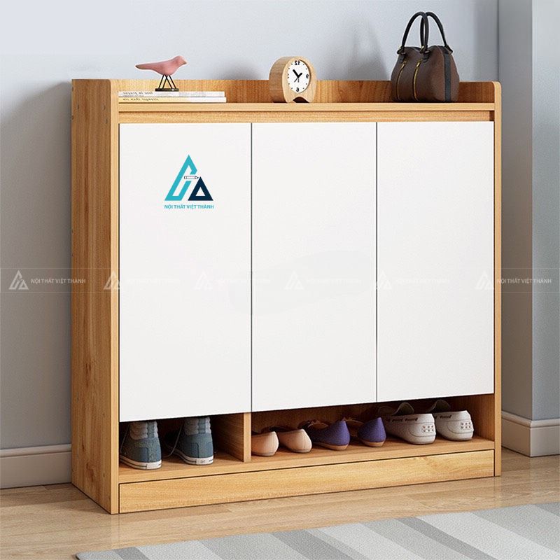 Mẫu thiết kế tủ giày dép gỗ vàng trắng 3 cánh