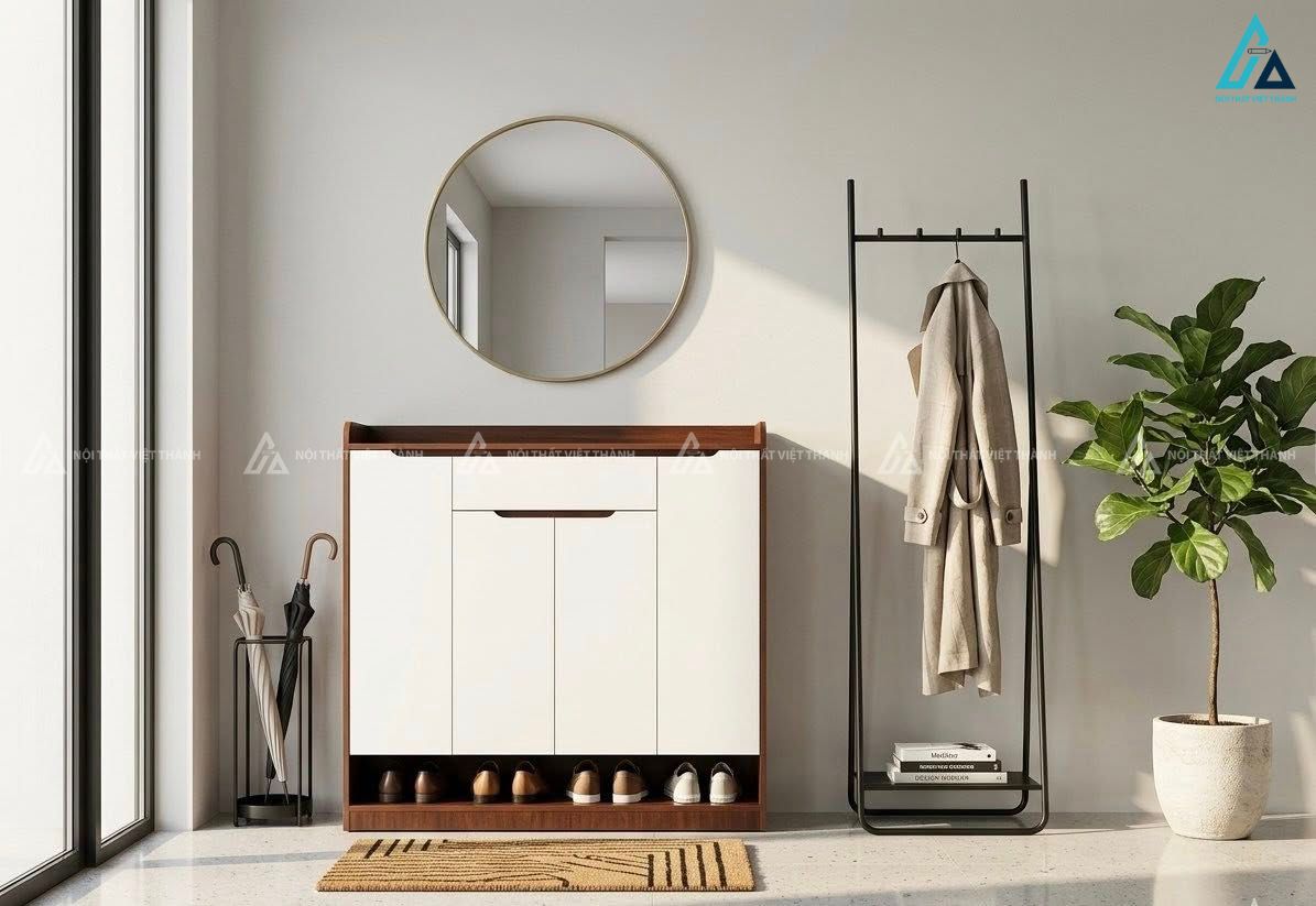 Mẫu thiết kế tủ giày dép gỗ công nghiệp trắng nâu 4 cánh