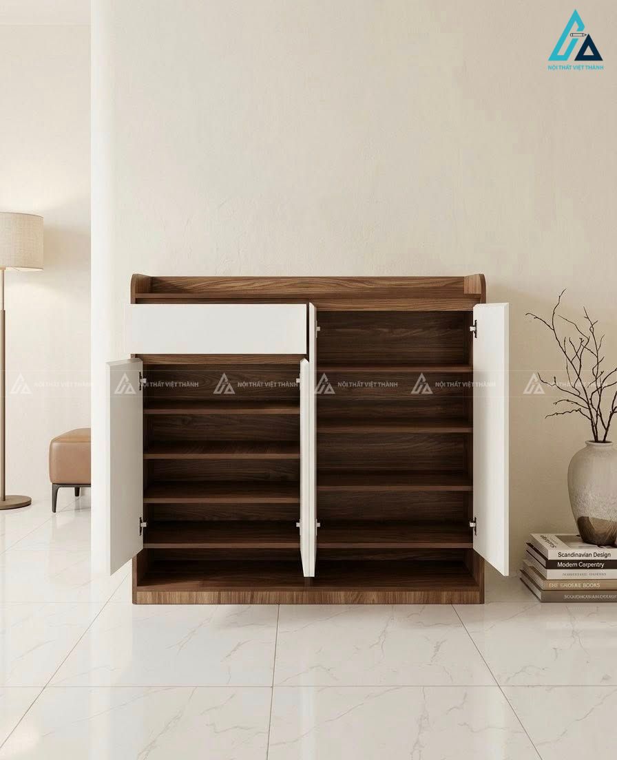 Mẫu thiết kế tủ giày dép gỗ công nghiệp nâu trắng nhiều ngăn