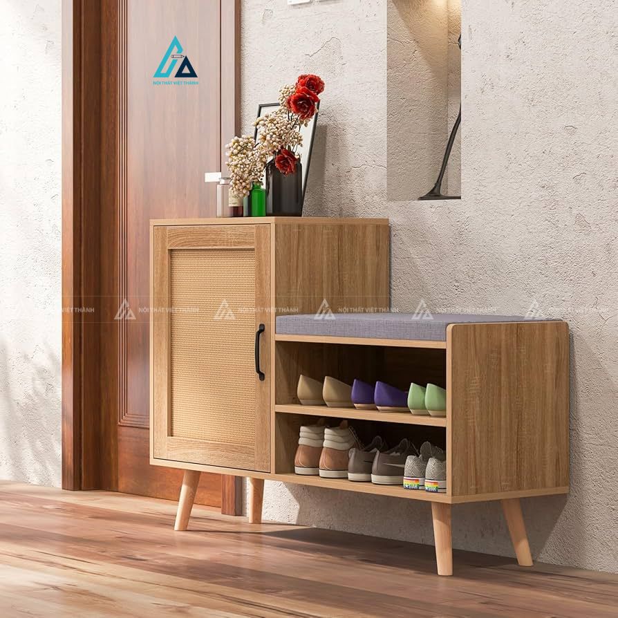 Mẫu thiết kế tủ giày dép gỗ công nghiệp vàng kết hợp ghế ngồi