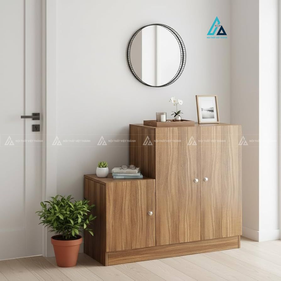 Mẫu thiết kế tủ giày dép gỗ nâu vàng 3 ngăn