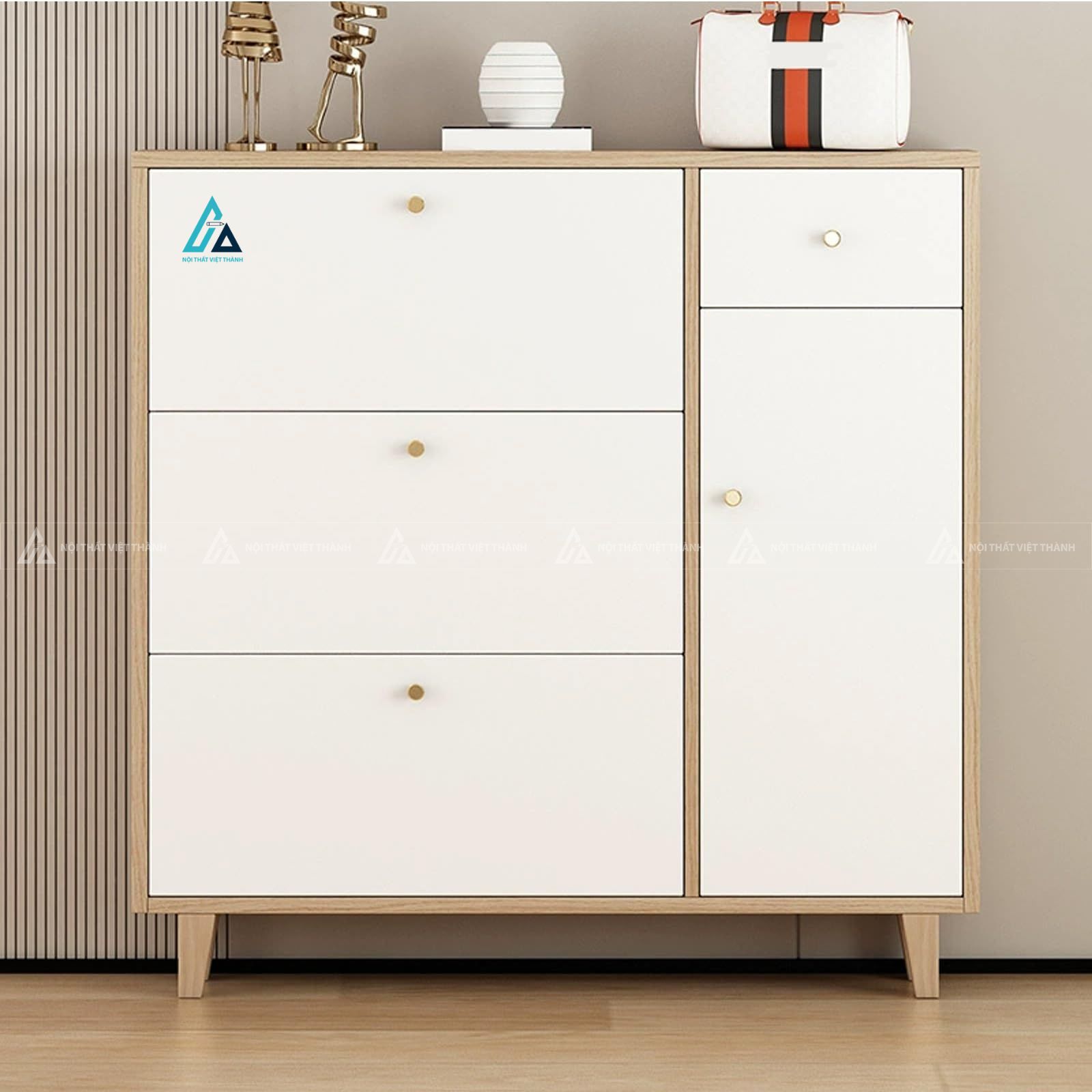 Mẫu thiết kế tủ giày dép gỗ công nghiệp vàng trắng kết hợp kệ trang trí