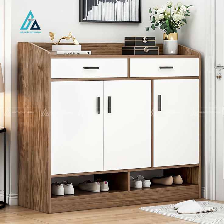 Mẫu thiết kế tủ giày dép gỗ công nghiệp trắng nâu nhiều ngăn