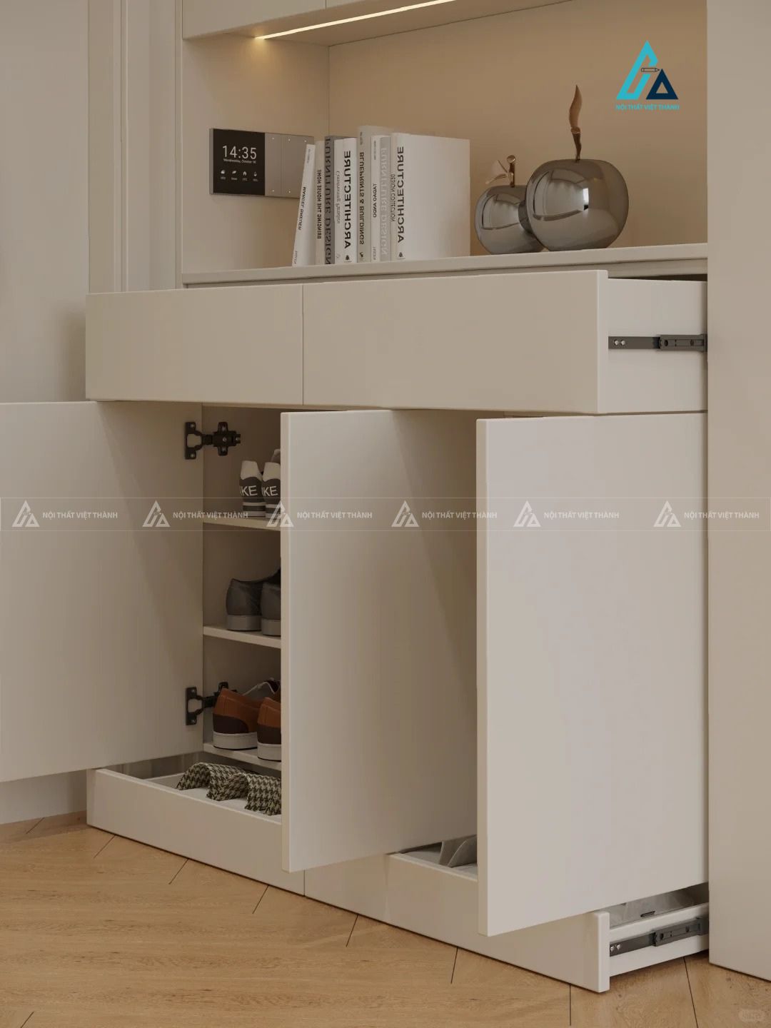 Mẫu thiết kế tủ giày dép gỗ công nghiệp trắng 