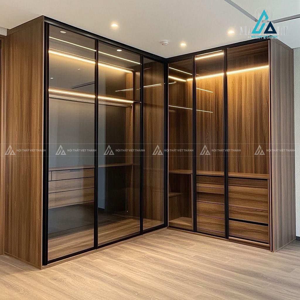 Mẫu thiết kế tủ quần áo cánh kính vân gỗ nâu chữ L