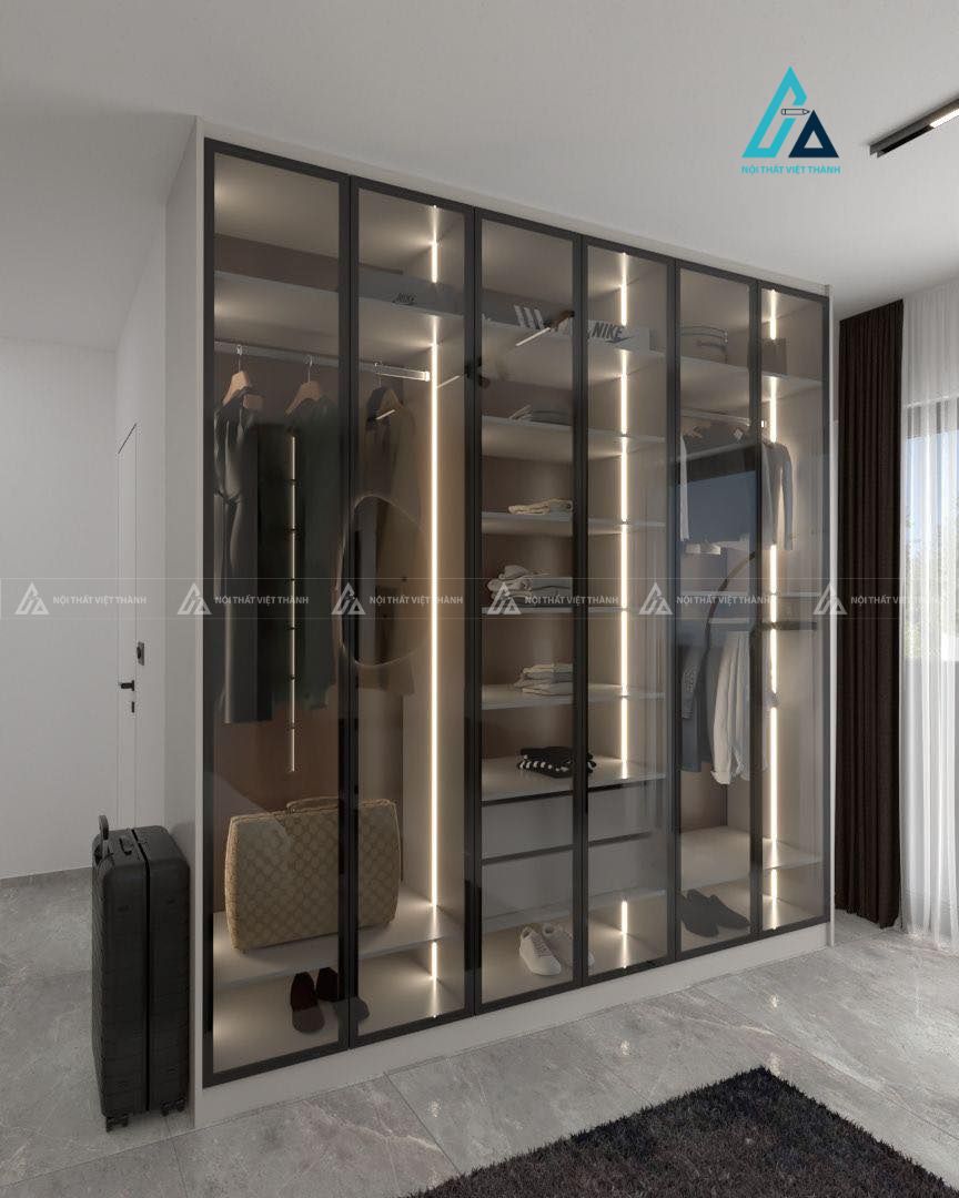 Mẫu thiết kế tủ quần áo cánh kính trắng có đèn led
