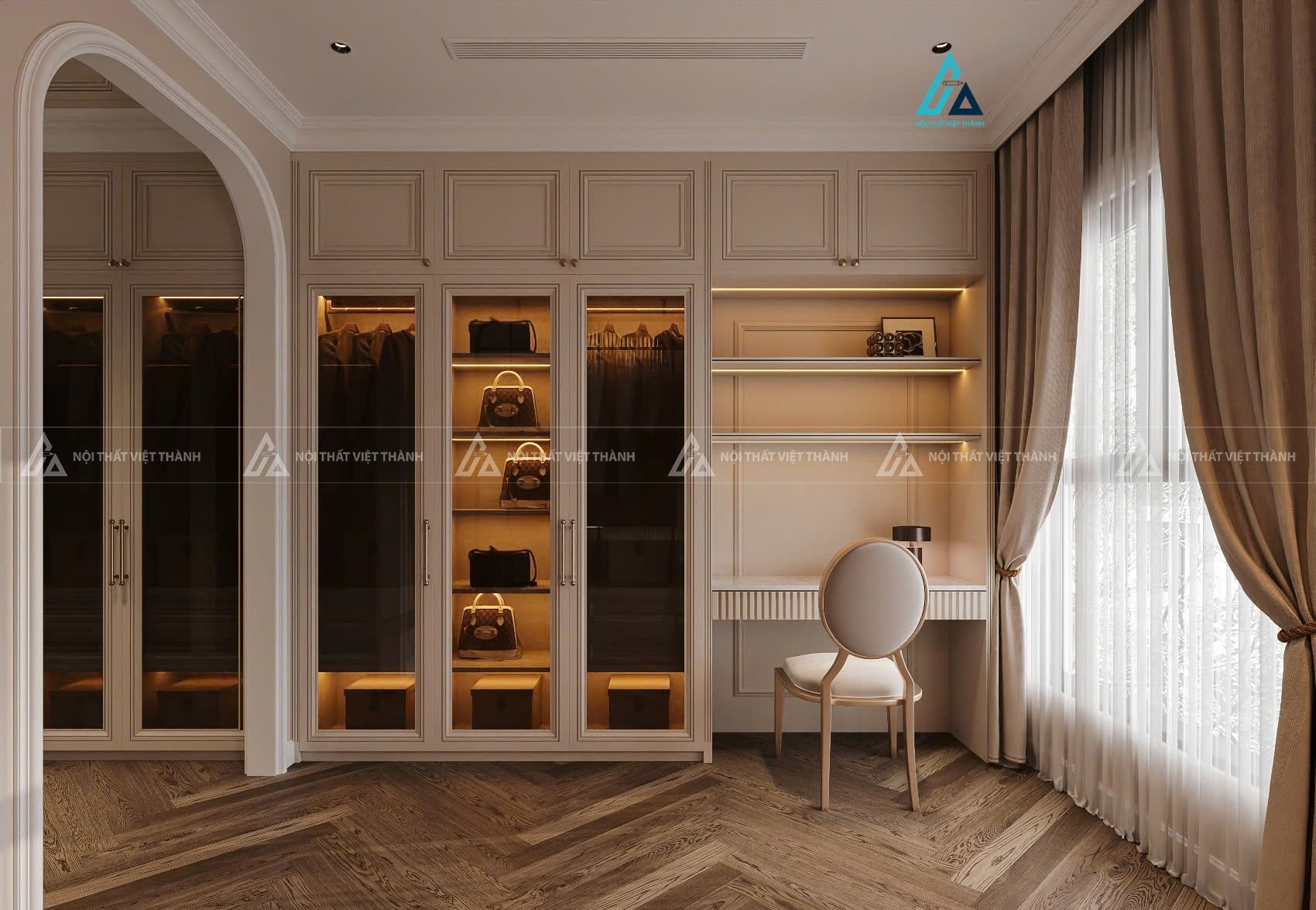Mẫu thiết kế tủ quần áo cánh kính be kết hợp bàn trang điểm cổ điển