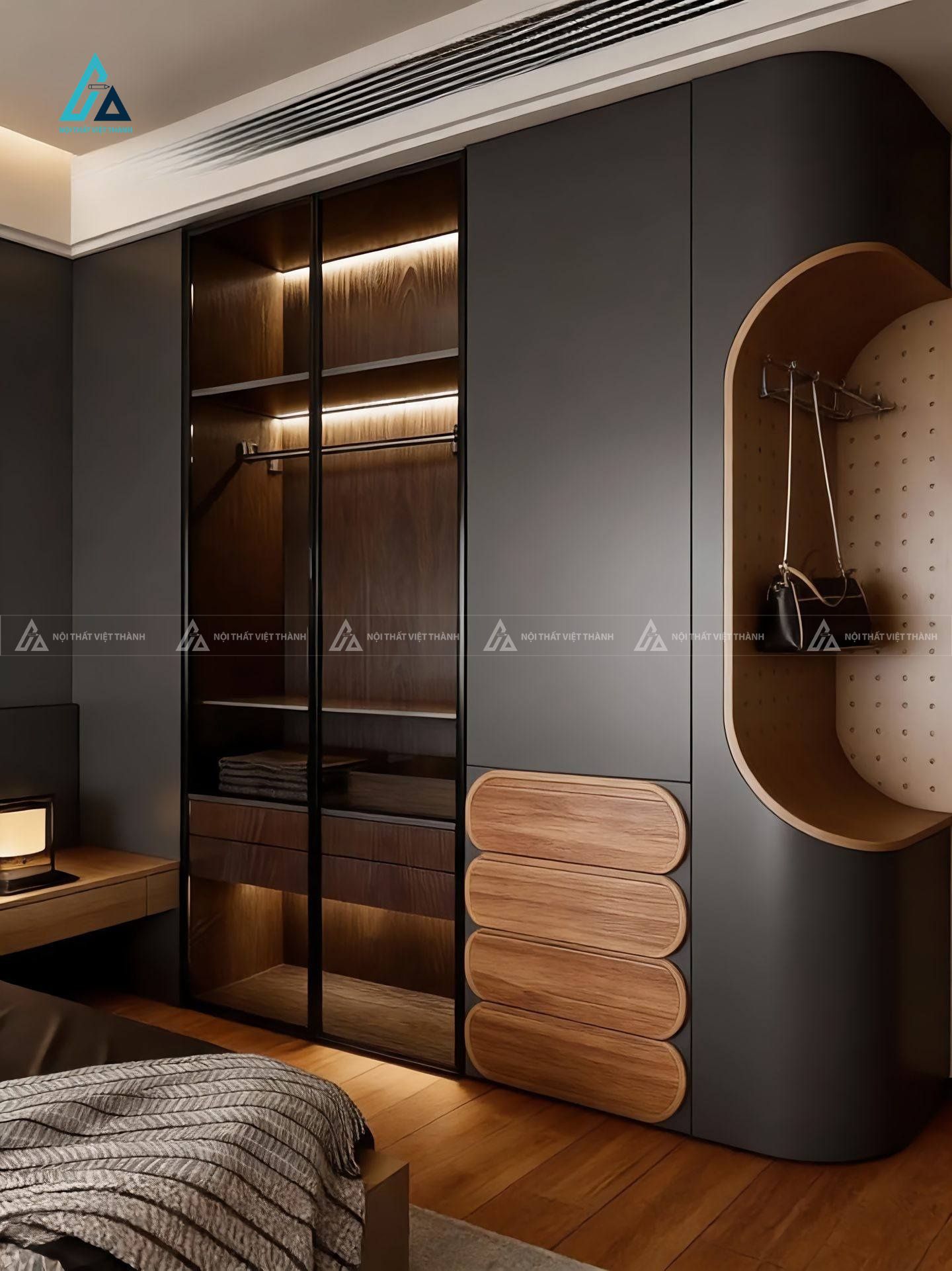 Mẫu thiết kế tủ quần áo cánh kính đen có đèn led