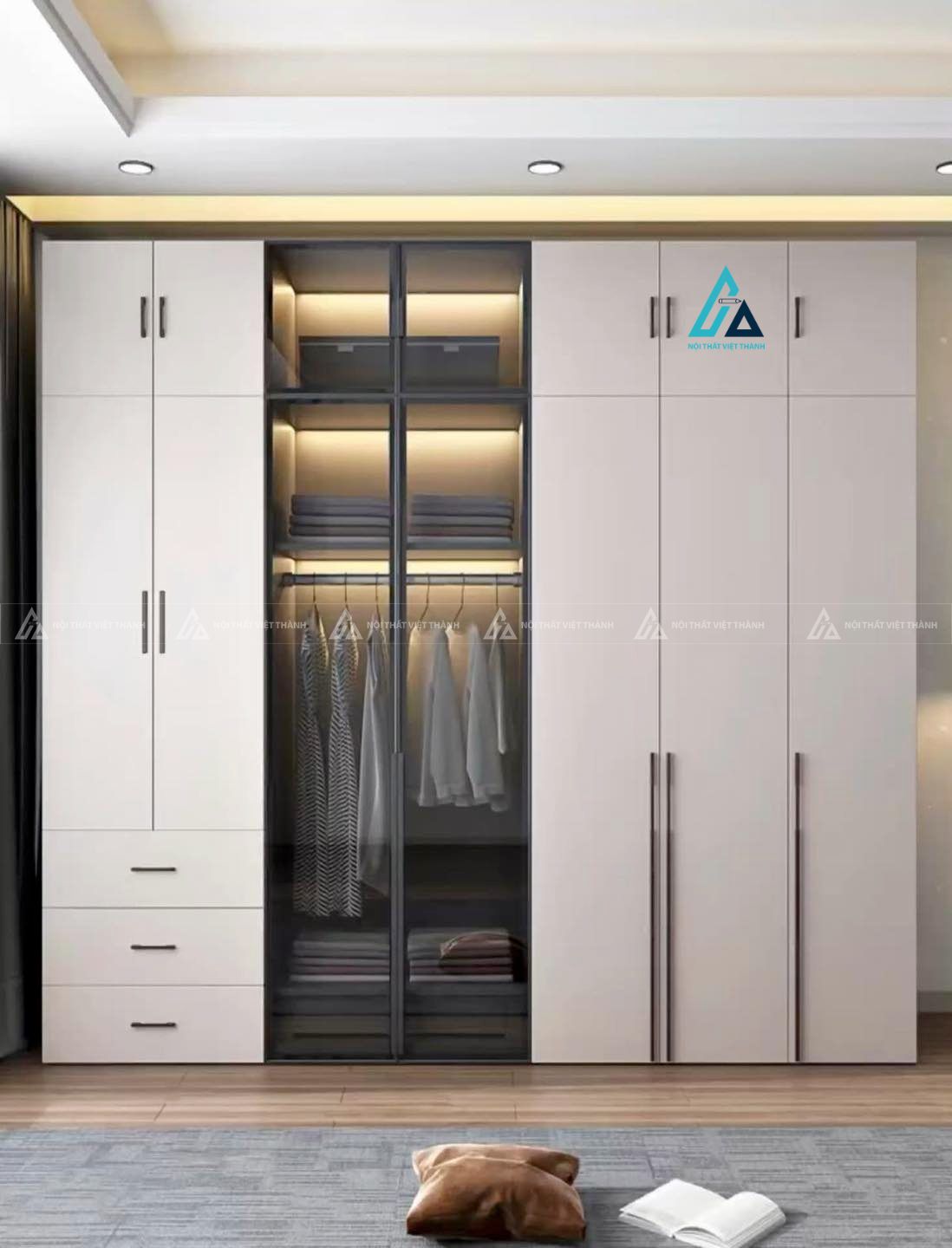 Mẫu thiết kế tủ quần áo cánh kính gỗ trắng