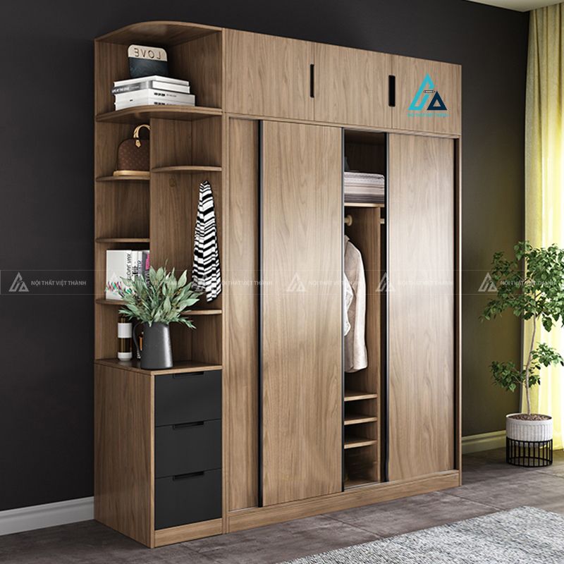 Mẫu thiết kế tủ quần áo cửa lùa nâu đen có kệ trang trí