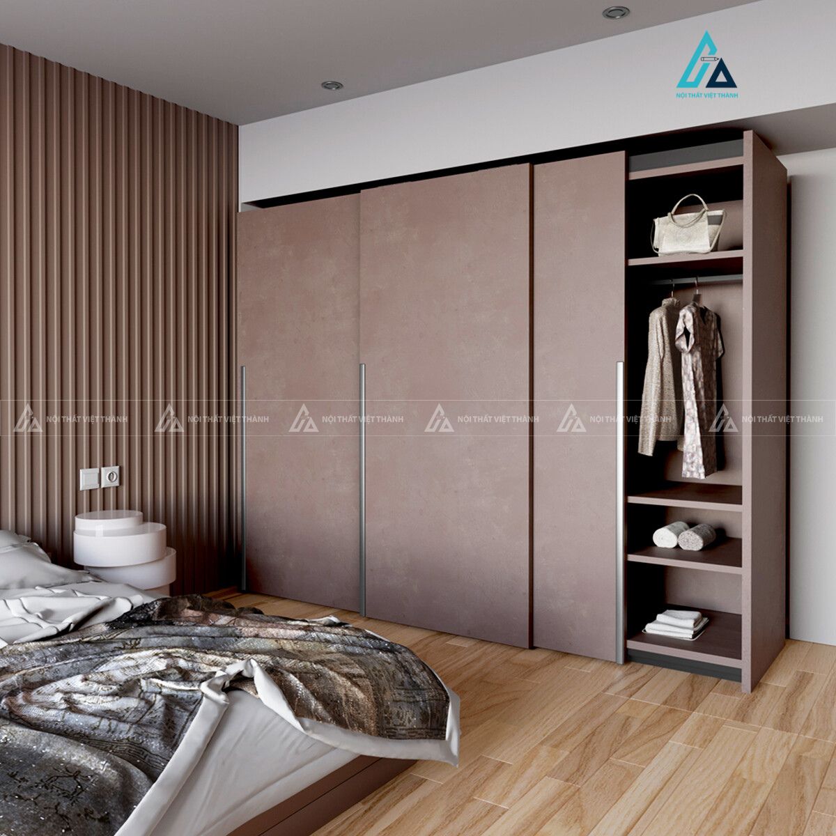 Mẫu thiết kế tủ quần áo cửa lùa nâu 3 cánh