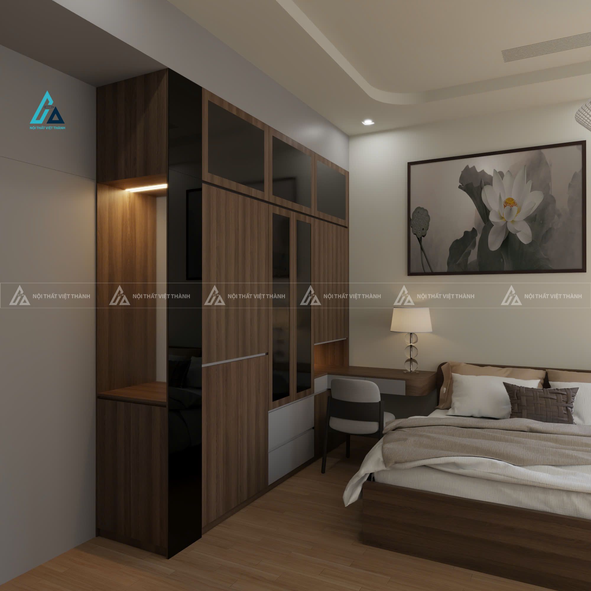 Mẫu thiết kế tủ quần áo gỗ công nghiệp nâu đen có đèn led