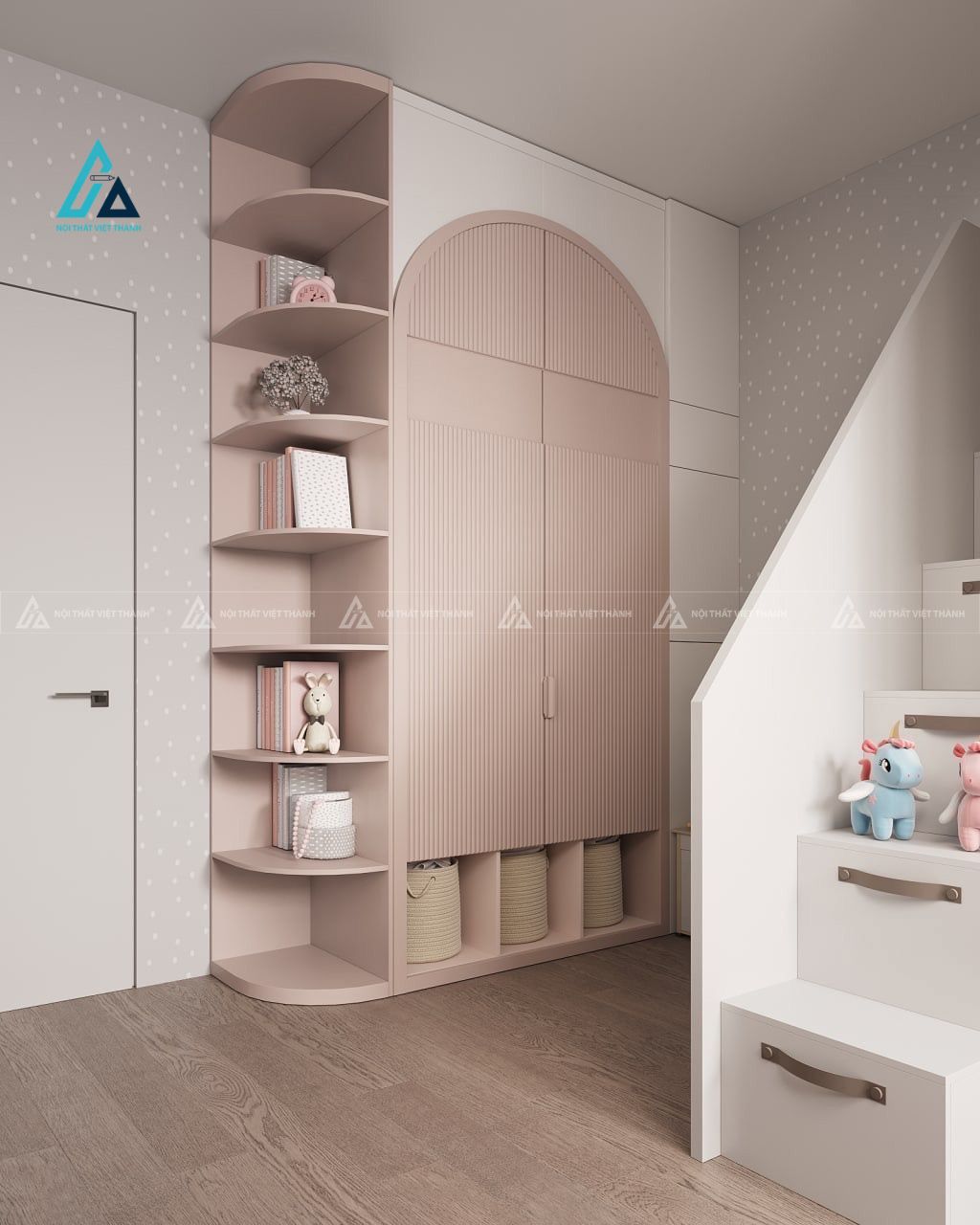 Mẫu thiết kế tủ quần áo gỗ công nghiệp hồng trắng kịch trần