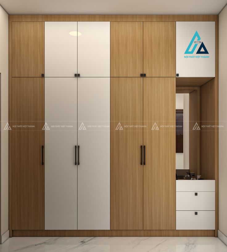 Mẫu thiết kế tủ quần áo gỗ công nghiệp vàng trắng kịch trần