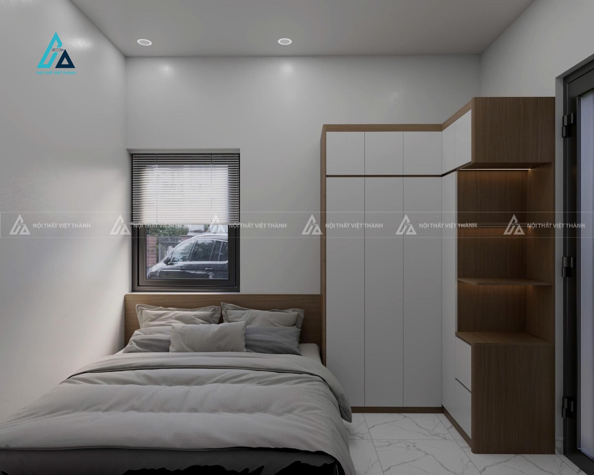 Mẫu thiết kế tủ quần áo gỗ công nghiệp trắng nâu chữ L