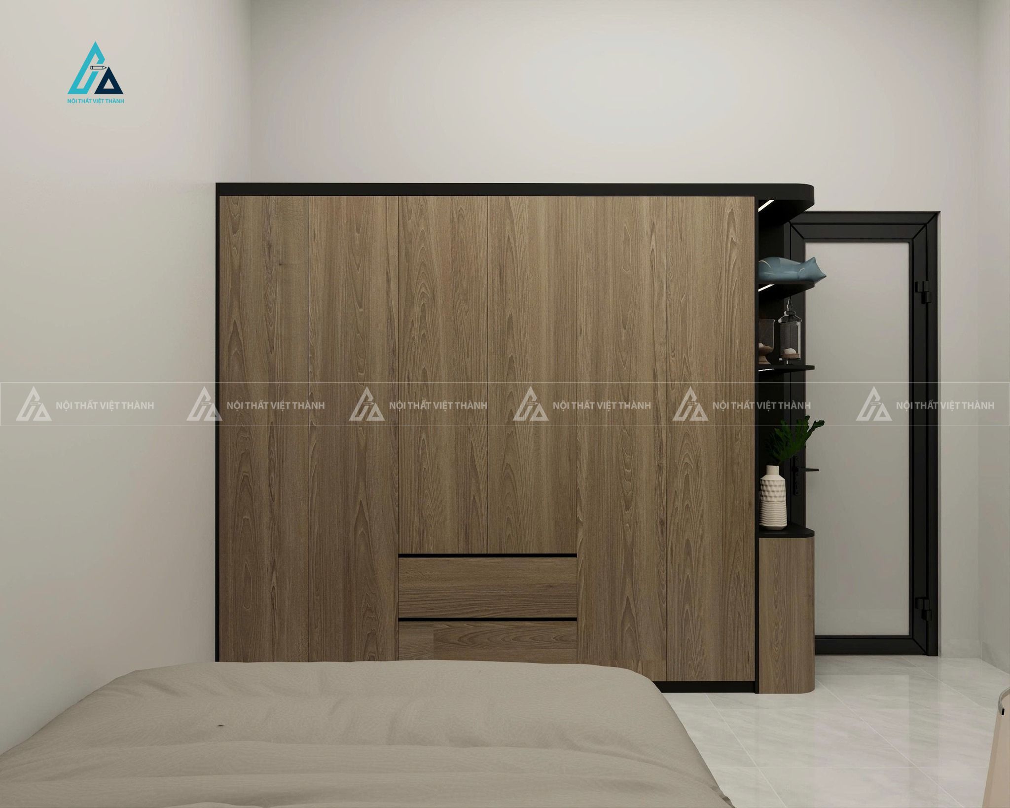 Mẫu thiết kế tủ quần áo gỗ công nghiệp nâu kết hợp ngăn kệ trang trí