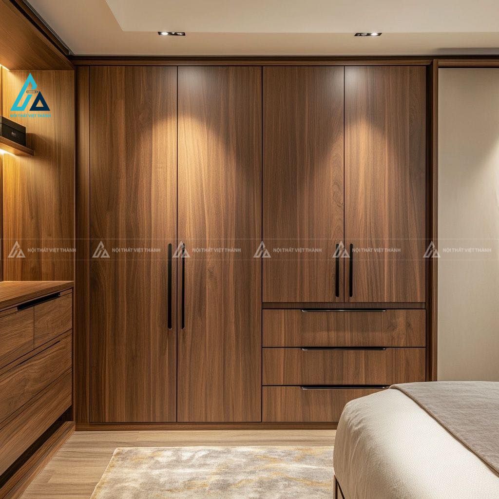 Mẫu thiết kế tủ quần áo gỗ công nghiệp vân gỗ nâu kịch trần