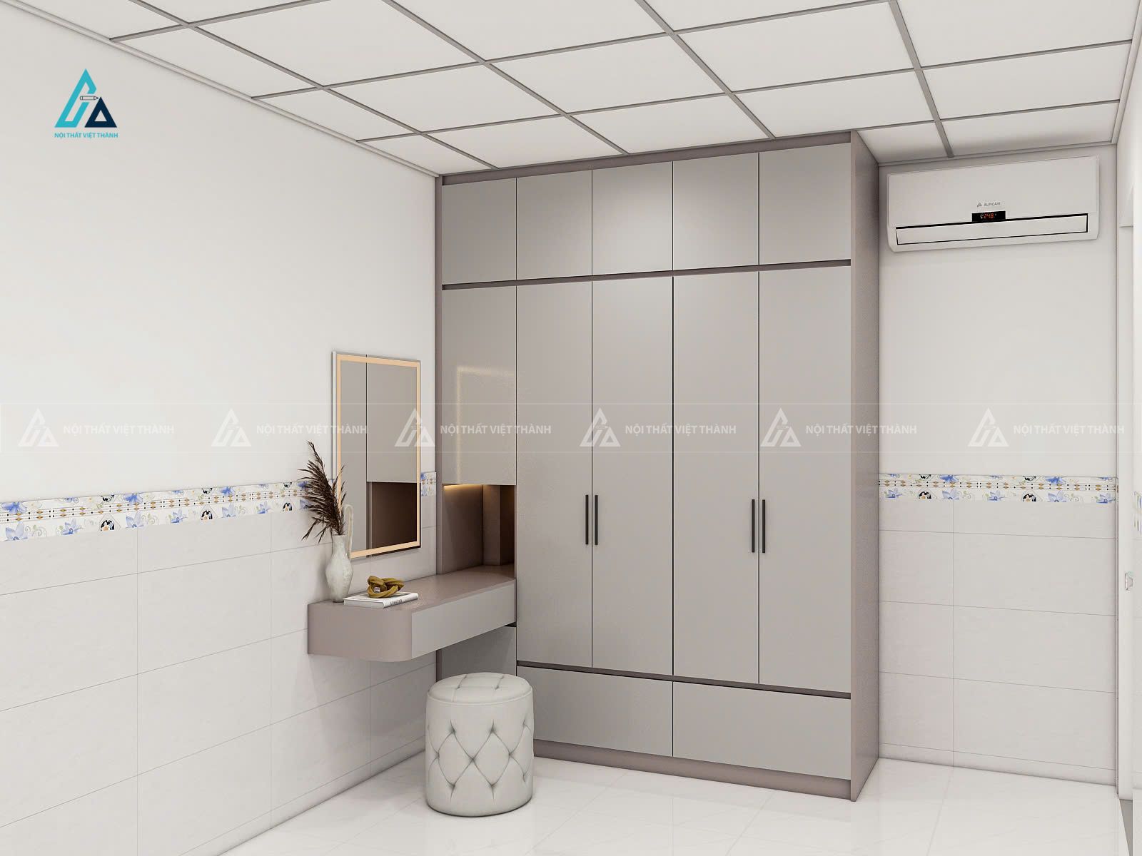 Mẫu thiết kế tủ quần áo gỗ công nghiệp xám kèm bàn trang điểm